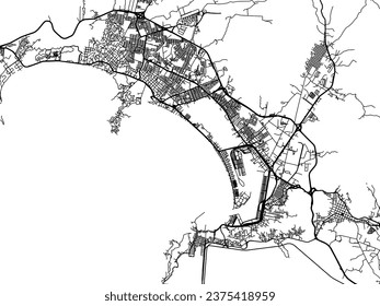 Vector city map of Manzanillo in Mexico with black roads isolated on a white background.