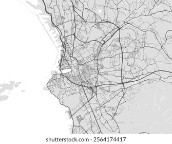 Vector city map of Marseille in the France with black roads isolated on a grey background.