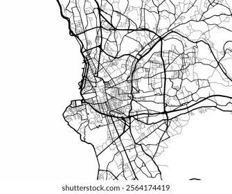 Vector city map of Marseille in the France with black roads isolated on a white background.