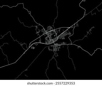 Vector city map of Martinez de la Torre in Mexico with white roads isolated on a black background.