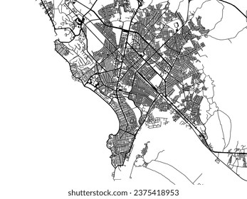 Vector city map of Mazatlan in Mexico with black roads isolated on a white background.