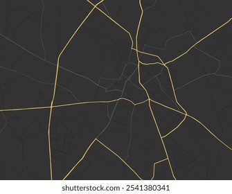 Mapa vetorial da cidade de Meerut, na República da Índia, com estradas amarelas isoladas sobre um fundo marrom.