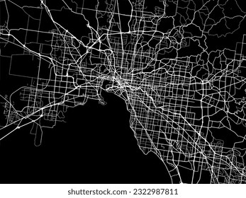 Stadtplan von Melbourne in Australien mit weißen Straßen einzeln auf schwarzem Hintergrund.