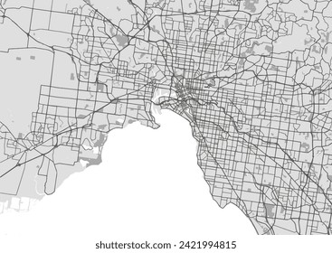 Vector city map of Melbourne in Australia with black roads isolated on a grey background.