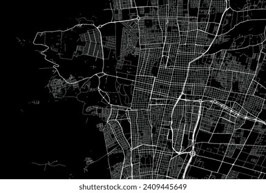 Mapa vectorial de Mendoza en Argentina con caminos blancos aislados en un fondo negro.