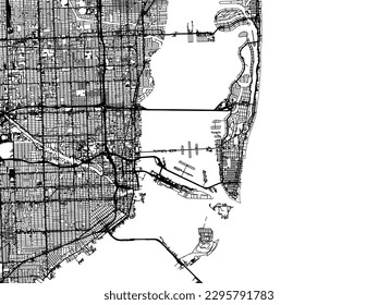 Mapa de la ciudad vectorial de Miami Bay Florida en los Estados Unidos de América con carreteras negras aisladas en un fondo blanco.