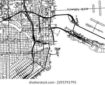 Mapa de ciudad vectorial del centro de Miami Florida en los Estados Unidos de América con carreteras negras aisladas en un fondo blanco.
