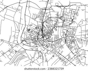 Stadtplan von Mielec in Polen mit schwarzen Straßen einzeln auf weißem Hintergrund.