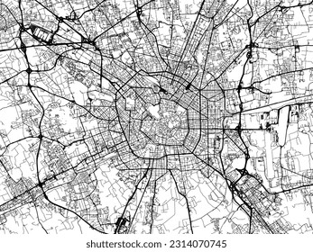 Vector city map of Milan Metropolis in Italy with black roads isolated on a white background.