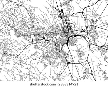 Mapa vectorial de Miskolc en Hungría con carreteras negras aisladas en un fondo blanco.