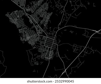 Mapa vetorial de Mokopane na África do Sul com estradas brancas isoladas sobre um fundo preto.