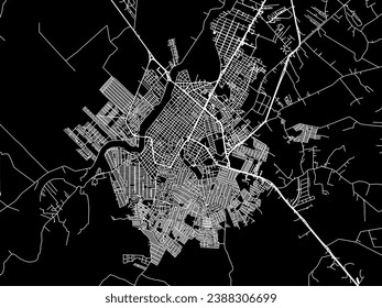 Mapa vectorial de Monteria en Colombia con caminos blancos aislados en un fondo negro.