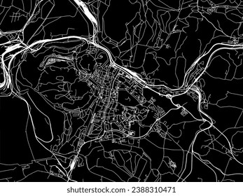 Mapa de la ciudad vectorial de Most en la República Checa con carreteras blancas aisladas en un fondo negro.
