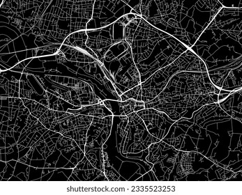 Vector city map of Mulheim in Germany with white roads isolated on a black background.