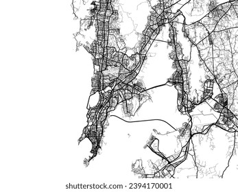 Mapa vectorial de Mumbai en la República de India con carreteras negras aisladas en un fondo blanco.