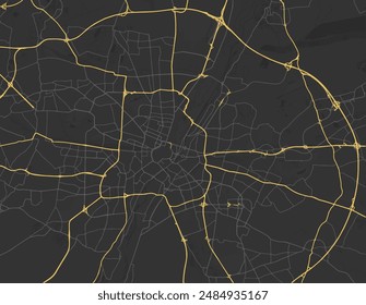 Vector city map of Munchen Metropole in Germany with yellow roads isolated on a brown background.