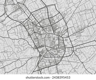 Stadtplan von Murcia in Spanien mit schwarzen Straßen isoliert auf einem grauen Hintergrund.