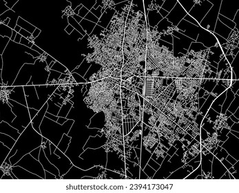 Mapa de la ciudad vector de Muzaffarnagar en la República de India con carreteras blancas aisladas en un fondo negro.