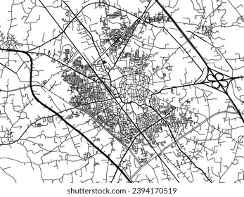 Mapa vectorial de Nadiad en la República de India con carreteras negras aisladas en un fondo blanco.