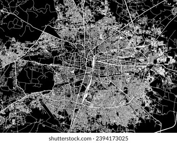 Mapa de la ciudad vectorial de Nagpur en la República de India con carreteras blancas aisladas en un fondo negro.
