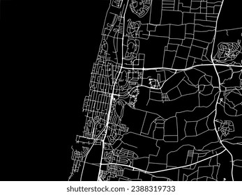 Stadtplan von Nahariyya in Israel mit weißen Straßen einzeln auf schwarzem Hintergrund.