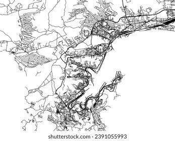 Mapa de la ciudad vectorial de Nakhodka en la Federación Rusa con carreteras negras aisladas en un fondo blanco.