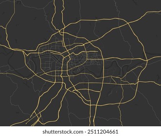 Vector city map of Nanning in People's Republic of China with yellow roads isolated on a brown background.