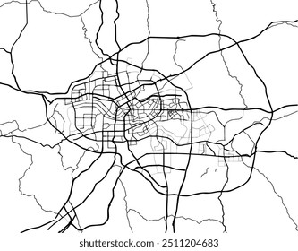 Vector city map of Nanning in People's Republic of China with black roads isolated on a white background.