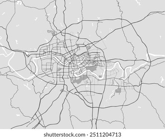 Vector city map of Nanning in People's Republic of China with black roads isolated on a grey background.