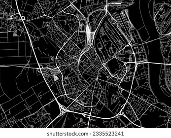 Mapa vectorial de Neuss en Alemania con caminos blancos aislados en un fondo negro.