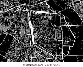 Mapa vectorial de la ciudad de Nueva Delhi en la República de India con caminos blancos aislados en un fondo negro.