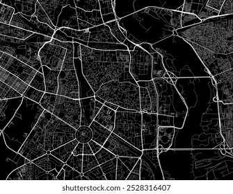 Vector city map of New Delhi city Center in the Republic of India with white roads isolated on a black background.