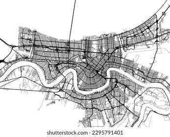 Vector city map of New Orleans Louisiana in the United States of America with black roads isolated on a white background.