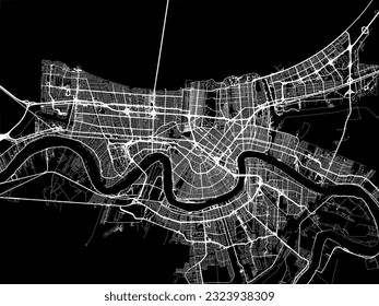 Stadtplan von New Orleans Louisiana in den Vereinigten Staaten von Amerika mit weißen Straßen einzeln auf schwarzem Hintergrund.