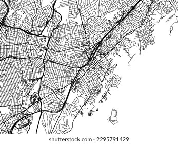 Stadtplan von New Rochelle New York in den Vereinigten Staaten von Amerika mit schwarzen Straßen einzeln auf weißem Hintergrund.