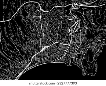 Vector city map of Nice in France with white roads isolated on a black background.