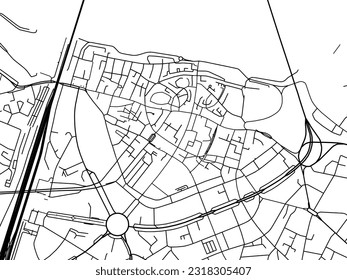 Mapa vectorial de la ciudad de Nijmegen Centrum en los Países Bajos con carreteras negras aisladas en un fondo blanco.