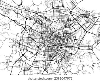 Mapa de la ciudad vectorial de Ningbo en la República Popular China (RPC) con carreteras negras aisladas en un fondo blanco.