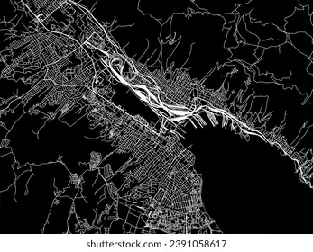 Mapa de la ciudad vectorial de Novorossiysk en la Federación Rusa con caminos blancos aislados en un fondo negro.
