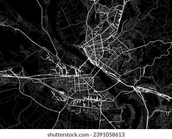 Mapa de la ciudad vectorial de Novosibirsk en la Federación Rusa con caminos blancos aislados en un fondo negro.