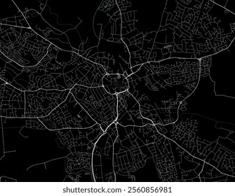 Vector city map of Nuneaton in the United Kingdom with white roads isolated on a black background.