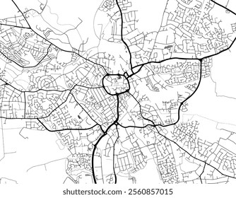 Vector city map of Nuneaton in the United Kingdom with black roads isolated on a white background.