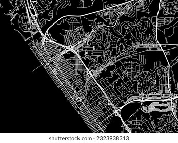 Mapa de la ciudad vectorial de Oceanside California en Estados Unidos de América con caminos blancos aislados en un fondo negro.