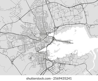 Vector city map of Olbia in Italy with black roads isolated on a grey background.