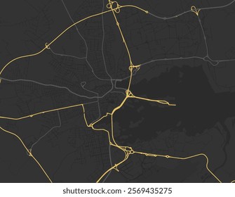 Vector city map of Olbia in Italy with yellow roads isolated on a brown background.