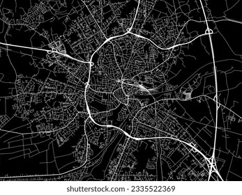 Mapa vectorial de la ciudad de Oldenburg en Alemania con caminos blancos aislados en un fondo negro.