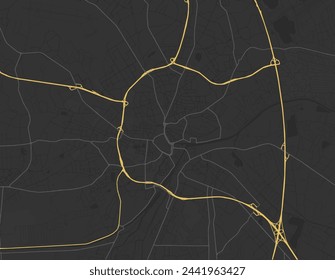 Vector mapa de la ciudad de Oldenburg en la Alemania con carreteras amarillas aisladas sobre un fondo marrón.