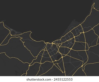 Vector city map of Oran in Algeria with yellow roads isolated on a brown background.