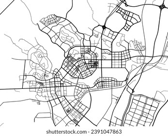 Vector city map of Ordos in the People's Republic of China (PRC) with black roads isolated on a white background.