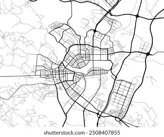 Vector city map of Ordos in the People's Republic of China with black roads isolated on a white background.
